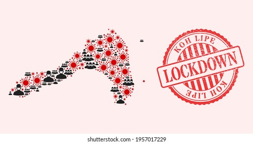 Vector collage Koh Lipe map of flu virus, masked people and red grunge lockdown seal. Virus particles and people in masks inside Koh Lipe map. Red seal with grunge rubber texture and LOCKDOWN word.