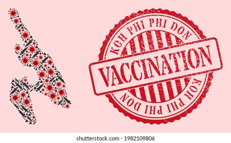 Vector collage Koh Phi Don map of flu virus, dose icons, and red grunge vaccination stamp. Virus particles and dose particles inside Koh Phi Don map.