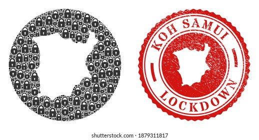 Vector collage Koh Samui map of locks and grunge LOCKDOWN stamp. Mosaic geographic Koh Samui map constructed as subtraction from round shape with black locks.