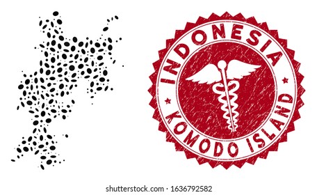 Vector collage Komodo Island map and red round distressed stamp seal with doctor symbol. Komodo Island map collage designed with elliptic items. Red round clinic seal stamp, with grunge texture.