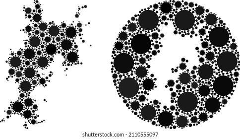 Vector collage Komodo Island map of covid infection elements. Mosaic geographic Komodo Island map designed as carved shape from round shape with covid infection icons in black colors.