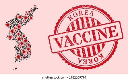 Vector collage Korea map of covid-2019 virus, syringe icons, and red grunge vaccine seal. Virus particles and treatment items inside Korea map. Red seal with scratched rubber texture and vaccine tag.