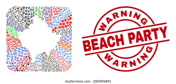 Vector collage Kosovo map of different symbols and Warning Beach Party seal stamp. Mosaic Kosovo map constructed as carved shape from rounded square shape.