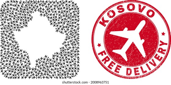 Vector collage Kosovo map of jet vehicle elements and grunge Free Delivery stamp. Mosaic geographic Kosovo map constructed as stencil from rounded square with coming out airliners.