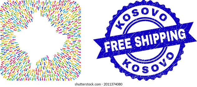 Vector collage Kosovo map of leaving arrows and rubber Free Shipping seal. Collage Kosovo map created as carved shape from rounded square shape with delivery arrows.