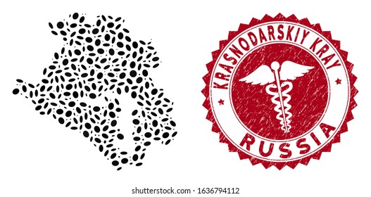 Vector collage Krasnodarskiy Kray map and red rounded grunge stamp watermark with medicine symbol. Krasnodarskiy Kray map collage designed with elliptic spots. Red rounded healthcare seal,