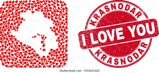 Vector collage Krasnodarskiy Kray map of lovely heart items and grunge love badge. Collage geographic Krasnodarskiy Kray map designed as hole from rounded square shape with love hearts.