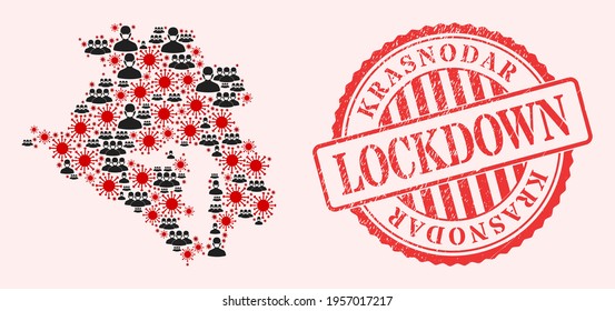 Vector collage Krasnodarskiy Kray map of covid-2019 virus, masked people and red grunge lockdown stamp. Virus items and men in masks inside Krasnodarskiy Kray map.