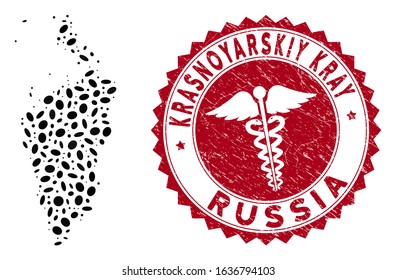Vector collage Krasnoyarskiy Kray map and red rounded grunge stamp watermark with healthcare symbol. Krasnoyarskiy Kray map collage constructed with ellipse spots. Red round medicine seal stamp,