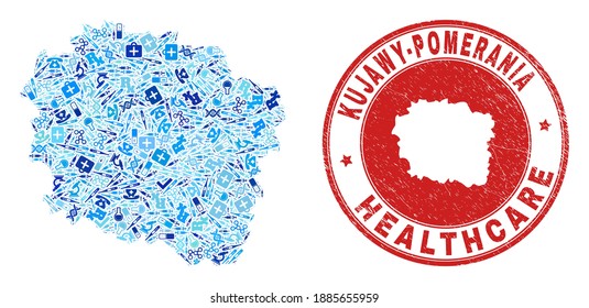 Vector collage Kujawy-Pomerania Province map with healthcare icons, analysis symbols, and grunge healthcare rubber imitation.