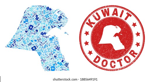 Vector collage Kuwait map of treatment icons, labs symbols, and grunge healthcare rubber imitation. Red round imprint with distress rubber texture and Kuwait map word and map.