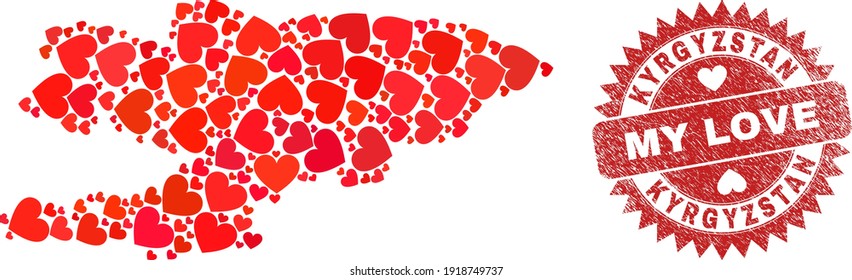 Vector collage Kyrgyzstan map of lovely heart items and grunge My Love badge. Collage geographic Kyrgyzstan map created with lovely hearts.