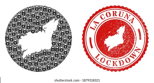 Colgador vectorial de la provincia de La Coruna mapa de cerraduras y sello de sello de RELOJ grueso. Mapa geográfico mosaico de la provincia de La Coruna construido en forma tallada a partir de forma redonda con cerraduras negras.