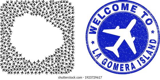 Vector collage La Gomera Island map of airliner elements and grunge Welcome badge. Collage geographic La Gomera Island map designed as carved shape from rounded square shape using air tourism elements.