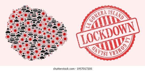 Vector collage La Gomera Island map of corona virus, masked men and red grunge lockdown stamp. Virus elements and men in masks inside La Gomera Island map.