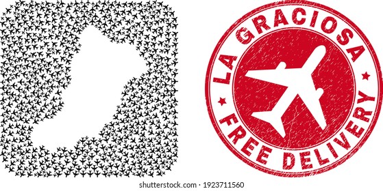 Vector collage La Graciosa Island map of air force elements and grunge Free Delivery seal. Collage geographic La Graciosa Island map constructed as hole from rounded square with escaping airplanes.