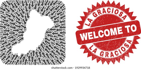Vector collage La Graciosa Island map of navigation arrows and grunge Welcome seal. Collage geographic La Graciosa Island map constructed as stencil from rounded square with motion arrows.
