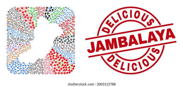 Vector collage La Graciosa Island map of different pictograms and Delicious Jambalaya seal. Collage La Graciosa Island map constructed as stencil from rounded square.