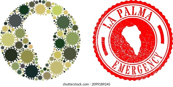 Vector collage La Palma Island map of covid infection items and grunge EMERGENCY seal stamp.