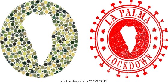 Vector collage La Palma Island map of sars virus items and grunge LOCKDOWN seal stamp.