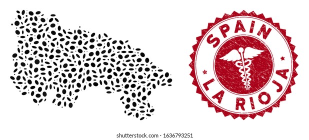 Vector collage La Rioja of Spain map and red rounded corroded stamp watermark with serpents icon. La Rioja of Spain map collage constructed with ellipse spots. Red rounded medical stamp,