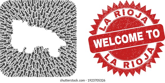 Vector collage La Rioja of Spain map of motion arrows and rubber Welcome seal stamp. Collage geographic La Rioja of Spain map designed as carved shape from rounded square shape using straight arrows.