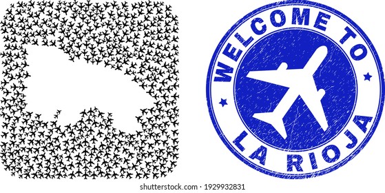 Vector collage La Rioja of Spain map of delivery items and grunge Welcome badge. Collage geographic La Rioja of Spain map created as hole from rounded square shape using air transport.