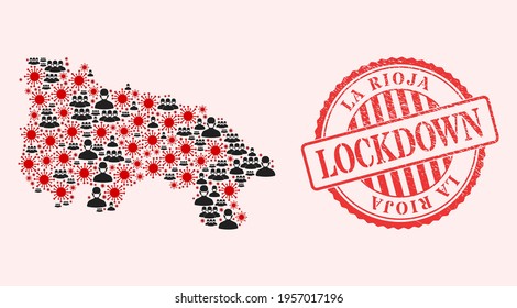 Vector collage La Rioja of Spain map of corona virus, masked people and red grunge lockdown stamp. Virus items and people in masks inside La Rioja of Spain map.