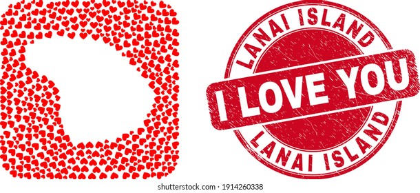 Vector collage Lanai Island map of love heart elements and grunge love stamp. Collage geographic Lanai Island map constructed as carved shape from rounded square with lovely hearts.