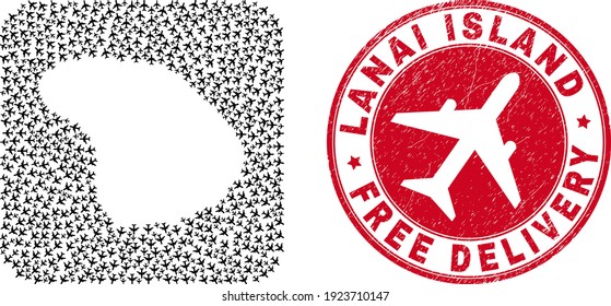 Vector collage Lanai Island map of air plane elements and grunge Free Delivery stamp. Mosaic geographic Lanai Island map constructed as subtraction from rounded square shape with flying out airliners.