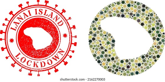Vector collage Lanai Island map of covid virus icons and grunge LOCKDOWN seal.