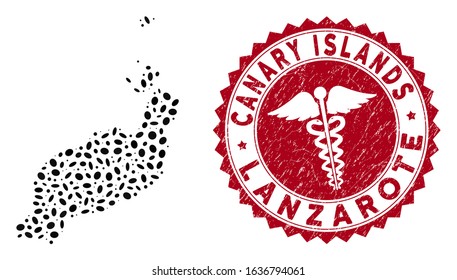 Vector collage Lanzarote Islands map and red rounded distressed stamp watermark with medicine icon. Lanzarote Islands map collage composed with ellipse spots. Red rounded serpents stamp,