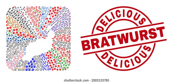 Vector collage Lanzarote Islands map of different pictograms and Delicious Bratwurst seal. Collage Lanzarote Islands map designed as subtraction from rounded square.