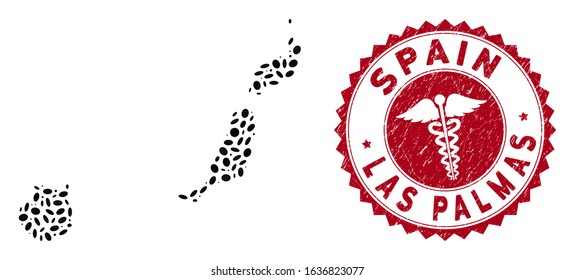 Vector collage Las Palmas Province map and red round rubber stamp watermark with health care symbol. Las Palmas Province map collage constructed with elliptic spots. Red round caduceus watermark,