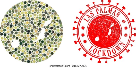 Vector collage Las Palmas Province map of sars virus items and grunge LOCKDOWN seal.