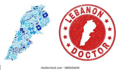 Vector collage Lebanon map of injection icons, hospital symbols, and grunge health care rubber imitation. Red round watermark with grunge rubber texture and Lebanon map text and map.