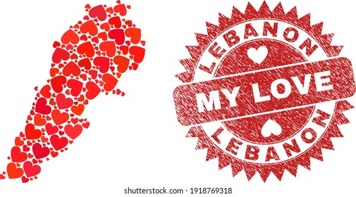 Vector collage Lebanon map of love heart elements and grunge My Love stamp. Mosaic geographic Lebanon map constructed with valentine hearts.