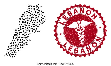 Vector collage Lebanon map and red round corroded stamp seal with clinic symbol. Lebanon map collage formed with elliptic items. Red round healthcare seal stamp, with dirty texture.