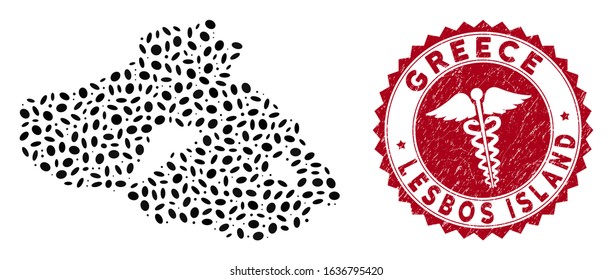 Vector collage Lesbos Island map and red rounded grunge stamp watermark with doctor symbol. Lesbos Island map collage composed with elliptic spots. Red rounded doctor stamp, with unclean texture.