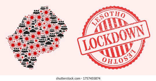 Vector collage Lesotho map of covid-2019 virus, masked men and red grunge lockdown seal stamp. Virus elements and people in masks inside Lesotho map.
