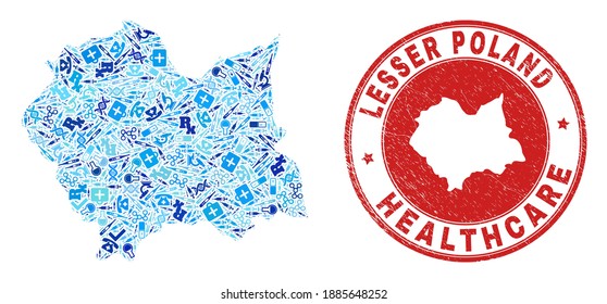 Vector collage Lesser Poland Voivodeship map with treatment icons, labs symbols, and grunge health care stamp.