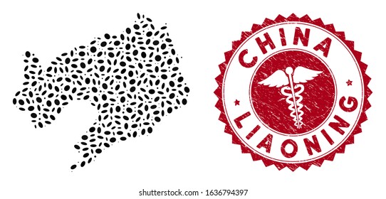 Vector collage Liaoning Province map and red round rubber stamp seal with medic symbol. Liaoning Province map collage formed with elliptic items. Red round serpents stamp, with unclean texture.