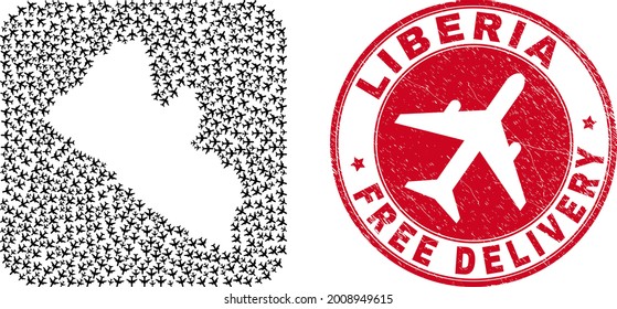 Vector collage Liberia map of airplane items and grunge Free Delivery seal stamp. Mosaic geographic Liberia map constructed as hole from rounded square shape with flying away aviation items.