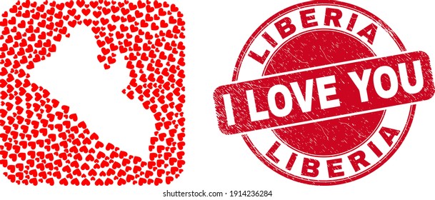 Vector collage Liberia map of valentine heart elements and grunge love stamp. Collage geographic Liberia map created as hole from rounded square with lovely hearts.