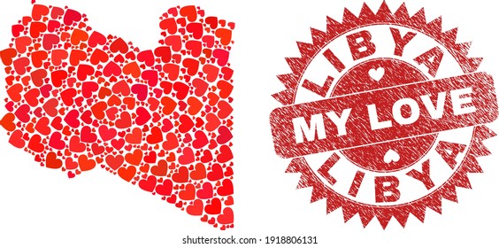 Vector collage Libya map of lovely heart items and grunge My Love seal stamp. Collage geographic Libya map constructed using lovely hearts.