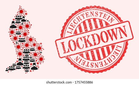Vector collage Liechtenstein map of corona virus, masked people and red grunge lockdown seal. Virus elements and men in masks inside Liechtenstein map.