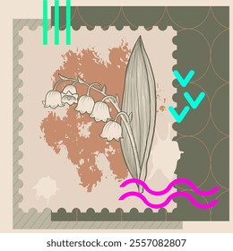 colagem vetorial com flor lily-of-the-valley e elementos de cor neon, composição criativa com esboço de coruja e borboleta