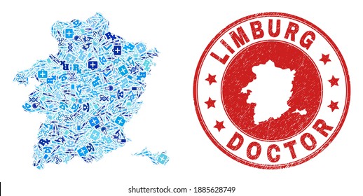 Vektor Collage Limburg Provinz Karte von Spritzen Symbole, Krankenhaus-Symbole und Grunge Gesundheitskautschuk Imitation. Roter Rundstempel mit grunge Kautschuk Textur und Limburg Provinz Karte Wort und Karte.