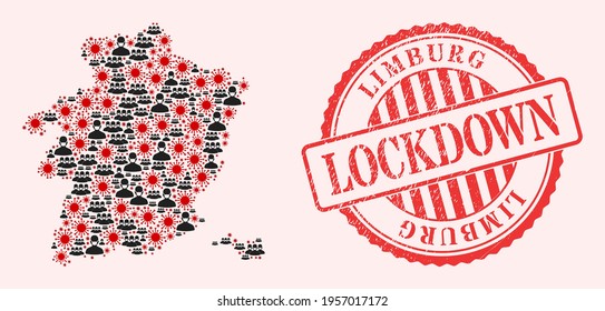 Vector collage Limburg Province map of corona virus, masked men and red grunge lockdown seal. Virus cells and men in masks inside Limburg Province map.