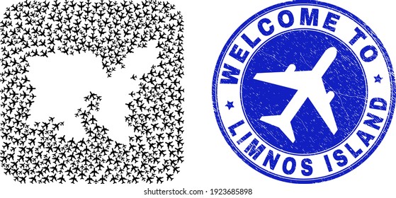 Vector collage Limnos Island map of airflight items and grunge Welcome seal stamp. Mosaic geographic Limnos Island map created as carved shape from rounded square shape with aircrafts.